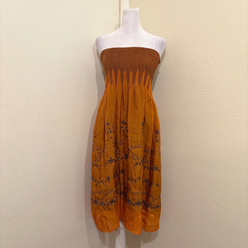 Lapis Strapless Dress Midi Skirt Orange Purple Floral Boho Fairy Rustic